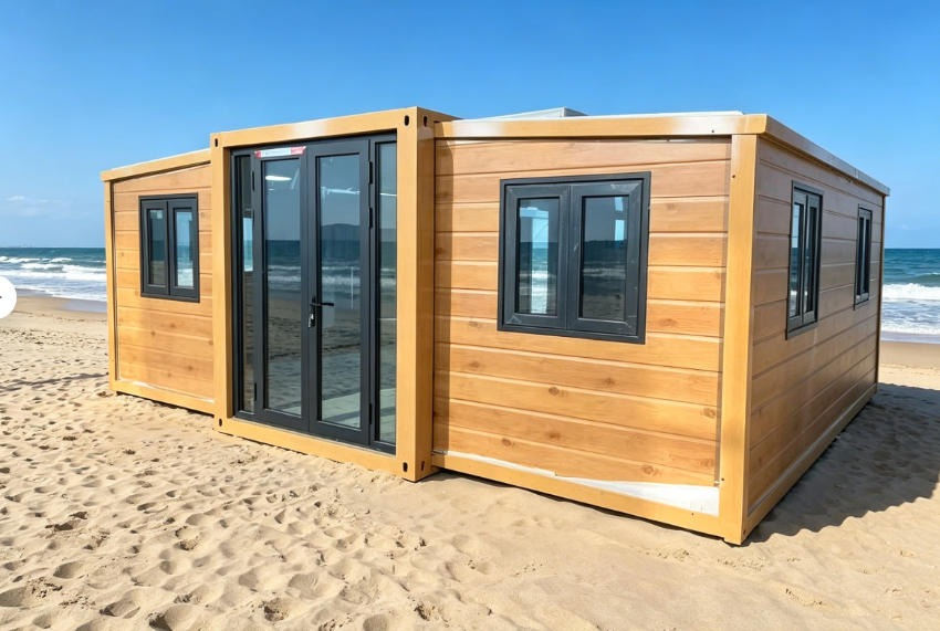 20ft expandable container house with wood-look exterior and black-framed doors and windows